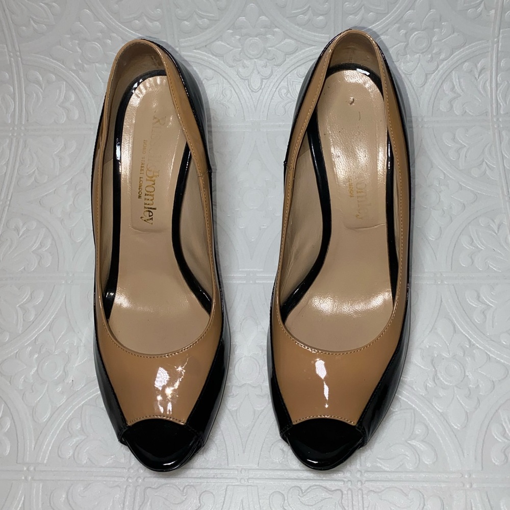 Russell & Bromley Patent Leather Nude & Black Peep-Toe Pumps